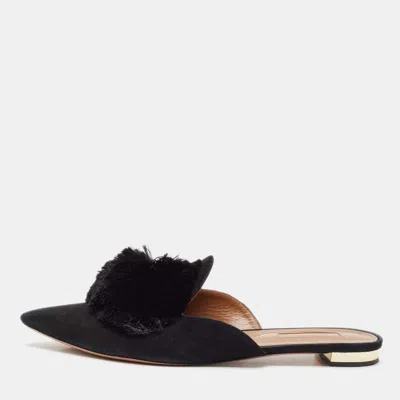 Pre-owned Aquazzura Black Suede Powder Puff Flat Sandals Size 39.5