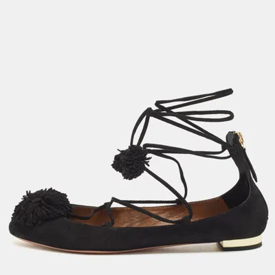 Pre-owned Aquazzura Black Suede Sunshine Ankle Tie Flats Size 37