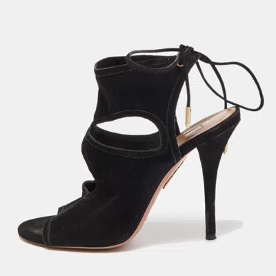 Pre-owned Aquazzura Black Suede Tie Up Strap Sandals Size 37