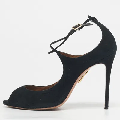 Pre-owned Aquazzura Black Suede Zani Peep Toe Ankle Pumps Size 38.5