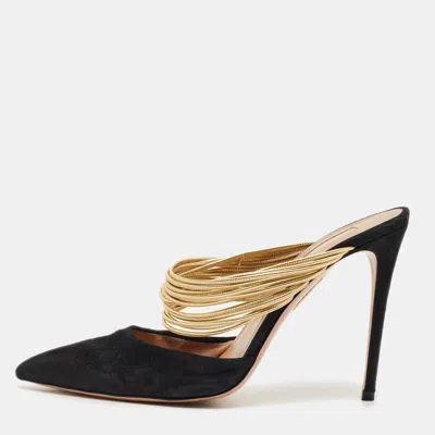 Aquazzura Black/gold Suede And Leather Rendez Vous Pointed Toe Mules