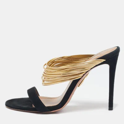 Pre-owned Aquazzura Black/gold Suede And Leather Rendez Vous Sandals Size 36