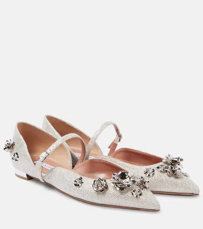 Aquazzura Bloom Embellished Mary Jane Flats In Silver