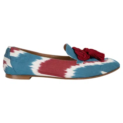 Pre-owned Aquazzura Blue & Burgundy Grosgrain Legend Ikat Loafers Shoes 39.5 In Red