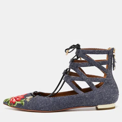 Aquazzura Blue Floral Embroidered Denim Christy Flat Sandals