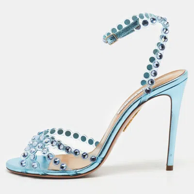 Pre-owned Aquazzura Blue Pvc And Leather Crystal Embellished Tequila Sandals Size 38