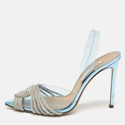 Pre-owned Aquazzura Blue Pvc Crystal Embellished Gatsby Slingback Pumps Size 37