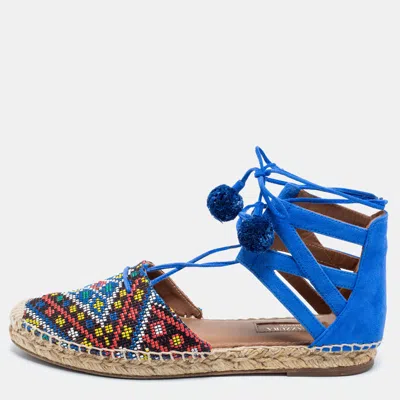 Pre-owned Aquazzura Blue Raffia And Suede Belgravia Lace Up Espadrille Flat Sandals Size 36