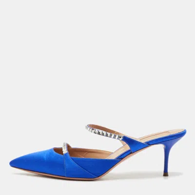 Pre-owned Aquazzura Blue Satin Crystal Embellished Mule Sandals Size 39.5