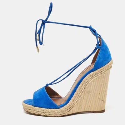 Aquazzura Blue Suede Ankle Tie Wedge Sandals