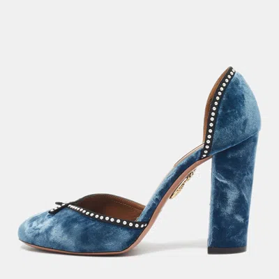 Pre-owned Aquazzura Blue Velvet Embellishment Block Heel D'orsay Pumps Size 37