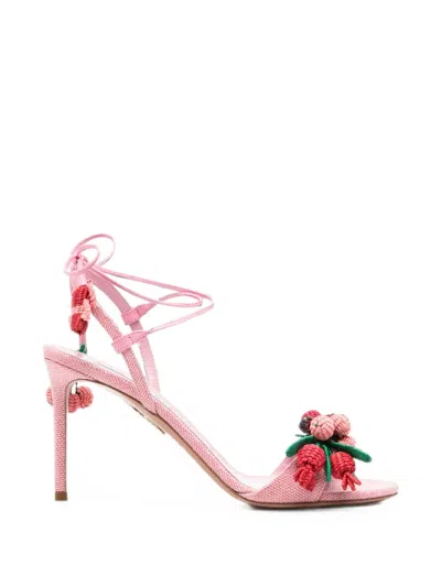 Aquazzura Botanica 105 Embellished Leather And Raffia Sandals In Pink