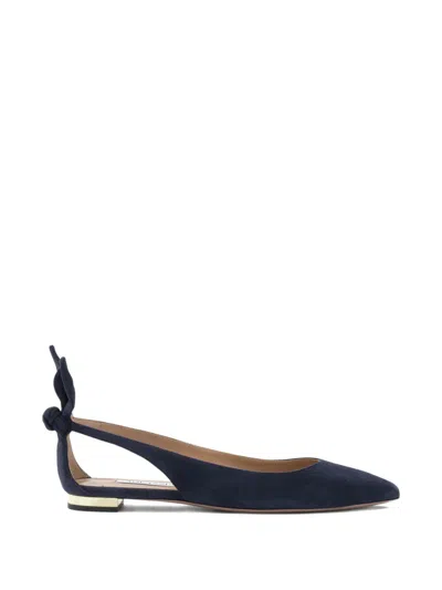 Aquazzura Bow Slingback Suede Ballet Flats Pointed Toe In Black