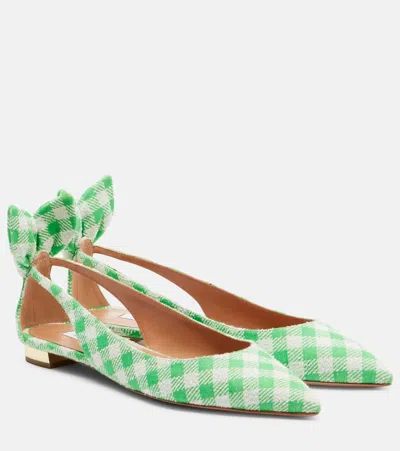 Aquazzura Bow Tie Bow-detail Checked Ballet Flats In Green