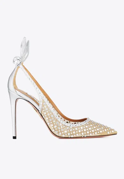 Aquazzura Bow Tie Crystal 105 Tulle Pumps In Silver