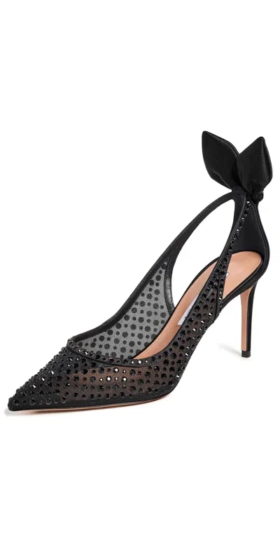 AQUAZZURA BOW TIE CRYSTAL TULLE PUMPS 85MM BLACK