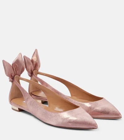 Aquazzura Bow Tie Metallic Leather Ballet Flats In Pink