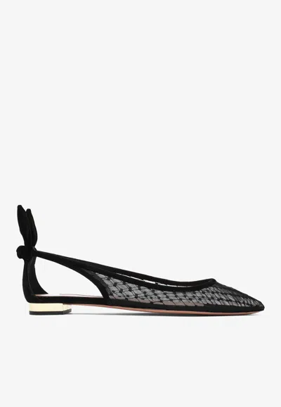 AQUAZZURA BOW TIE POINTED-TOE MESH FLATS