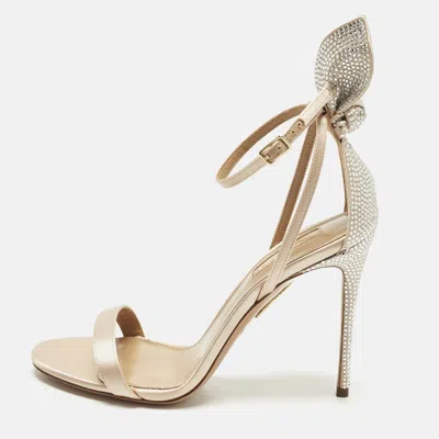 Pre-owned Aquazzura Bow Tie Size 37 Powder Pink/silver Satin Crystal Embellished Ankle Strap Sandals