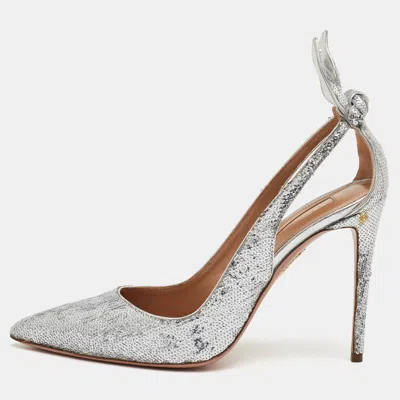 Pre-owned Aquazzura Bow Tie Size 40.5 Metallic Silver Sequins Pointed Toe Pumps