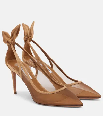 Aquazzura Bow Tie Suede-trimmed Mesh Pumps In Brown