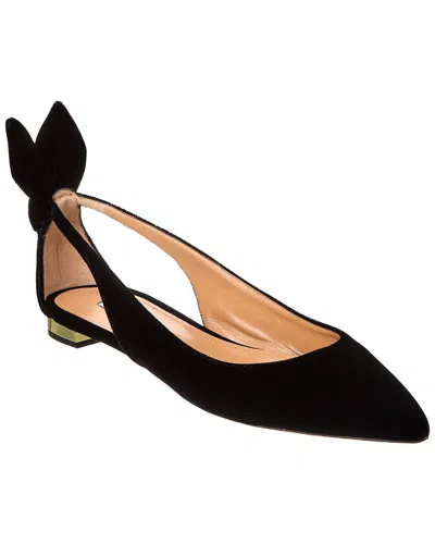 Aquazzura Bow Tie Velvet Slingback Flat In Black