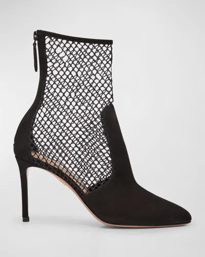 Aquazzura Brera Mesh Suede Stiletto Ankle Booties In Black