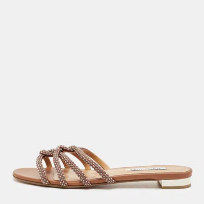 Pre-owned Aquazzura Brown Leather Crystal Embellish Flat Slide Size 41