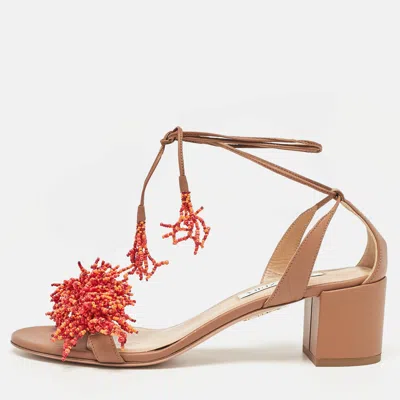 Pre-owned Aquazzura Brown Leather Panarea Beaded Ankle Tie Sandals Size 39.5