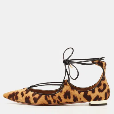 Pre-owned Aquazzura Brown Leopard Print Calf Hair Christy Ballet Flats Size 35