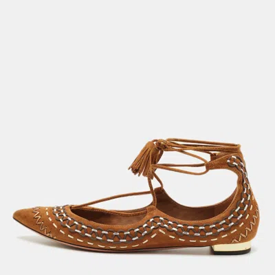 Pre-owned Aquazzura Brown Suede Ankle Wrap Ballet Flats Size 38.5