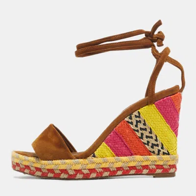Aquazzura Brown Suede Baru 105 Lace Up Espadrille Wedge Sandals In Multi