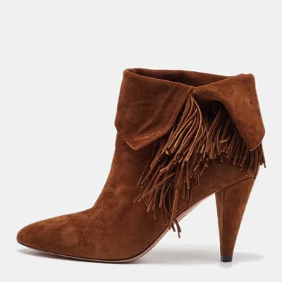 Pre-owned Aquazzura Brown Suede Fringe Detail Ankle Length Boots Size 38.5