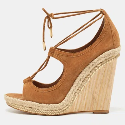 Pre-owned Aquazzura Brown Suede Sexy Thing Cutout Wedge Sandals Size 37.5