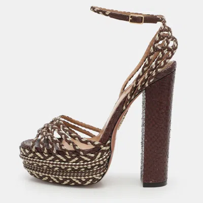 Pre-owned Aquazzura Brown/light Gold Braided Leather Cozumel Platform Sandals Size 36.5