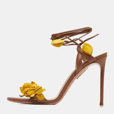 Pre-owned Aquazzura Brown/yellow Leather Wild Thing Fringe Ankle Wrap Sandals Size 40