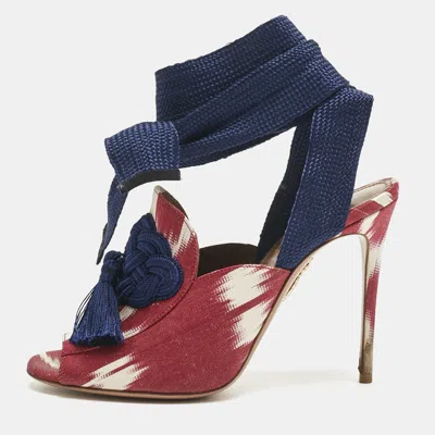 Pre-owned Aquazzura Burgundy/white Canvas Tassel Ankle Tie Sandals Size 37.5