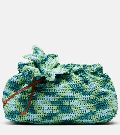 Aquazzura Calypso Floral-appliqué Raffia Clutch In Green