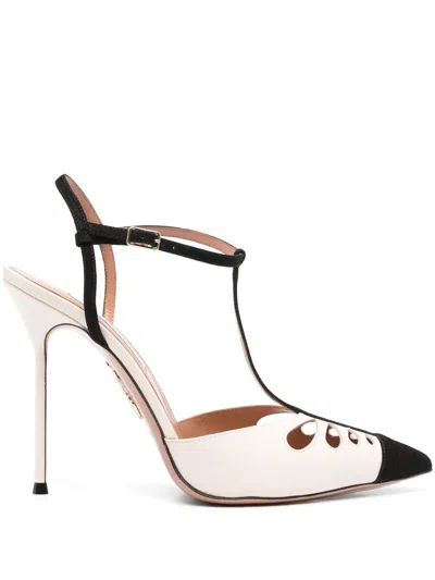 Aquazzura Camille 105 Suede-trimmed Cutout Leather Point-toe Pumps In White