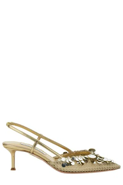 Aquazzura 'can Can' Metallic Slingback Pumps Sequin Embellishments In Leather Woman In Gold