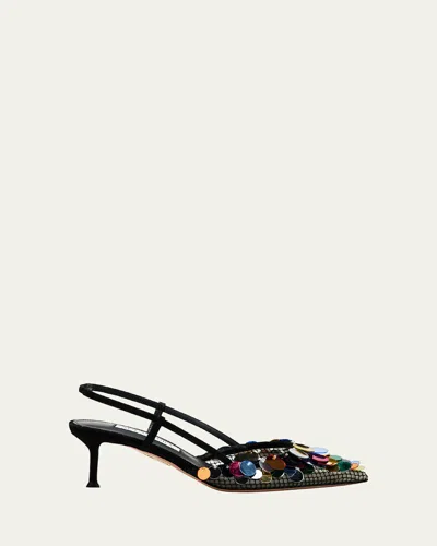 AQUAZZURA CAN CAN SEQUIN MESH SUEDE SLINGBACK PUMPS