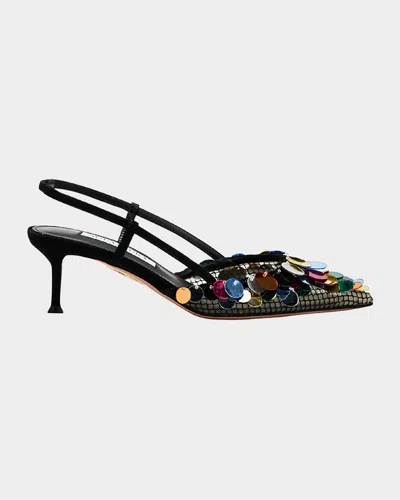 AQUAZZURA CAN CAN SEQUIN MESH SUEDE SLINGBACK PUMPS