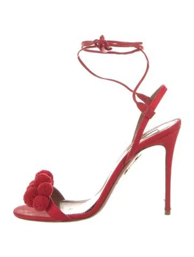 Pre-owned Aquazzura Canvas Pom-pom Embellishments Sandals In Red