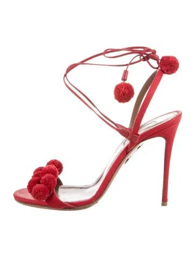 Pre-owned Aquazzura Canvas Pom-pom Embellishments Sandals In Red