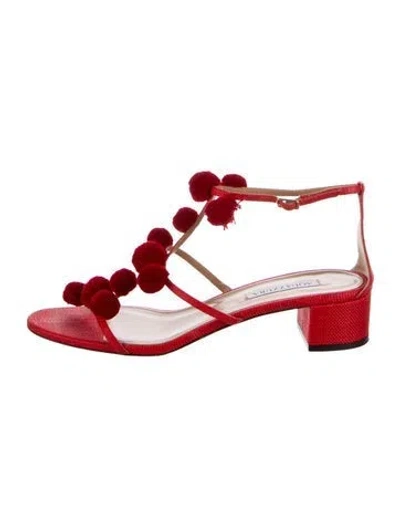 Pre-owned Aquazzura Canvas Pom-pom Embellishments T-strap Sandals In Red