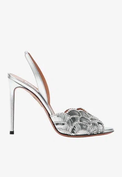 Aquazzura Ce Soir 105 Metallic Leather Slingback Sandals In Silver