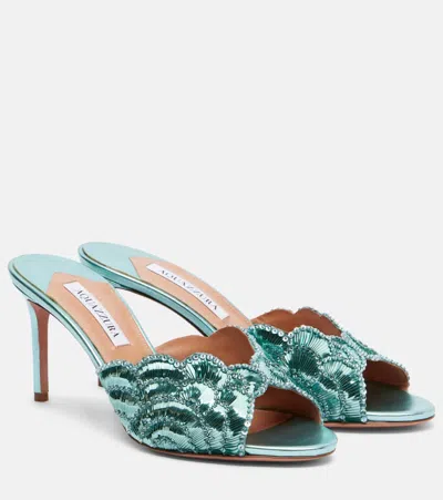 Aquazzura Ce Soir 75 Sequined Metallic Leather Mules In Blue