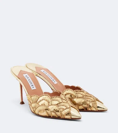 Aquazzura Ce Soir Embellished Leather Mules In Gold