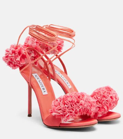 Aquazzura Cherry Kiss 105 Ruffled Chiffon And Leather-trimmed Grosgrain Sandals In Pink