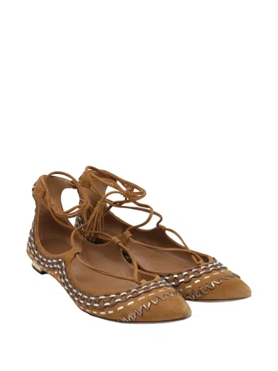 Pre-owned Aquazzura Christy Lace-up Flat Pumps In Brown